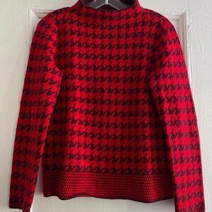 Ann Taylor Sweater Mock Neck Knit Houndstooth Red Small Holiday